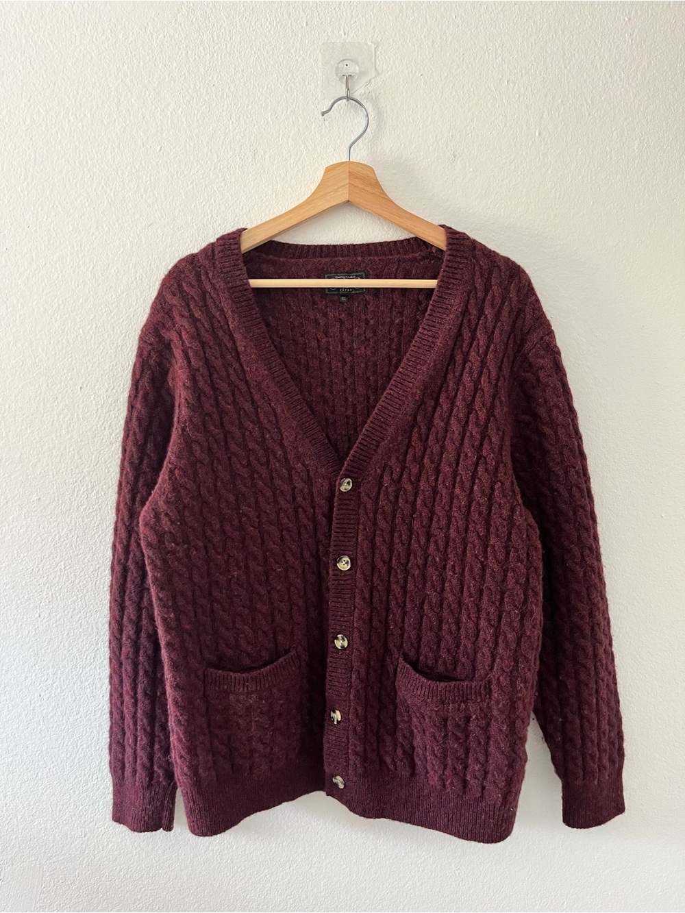BEAMS Burgundy Maroon Cable Knit V-Neck Cardigan Size XL